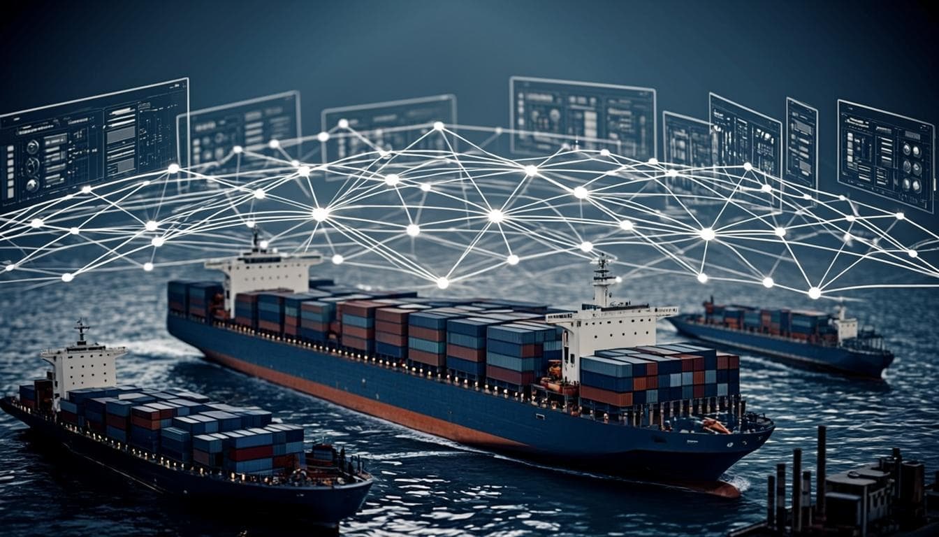 Abstract visualization of predictive AI orchestrating maritime and facility operations