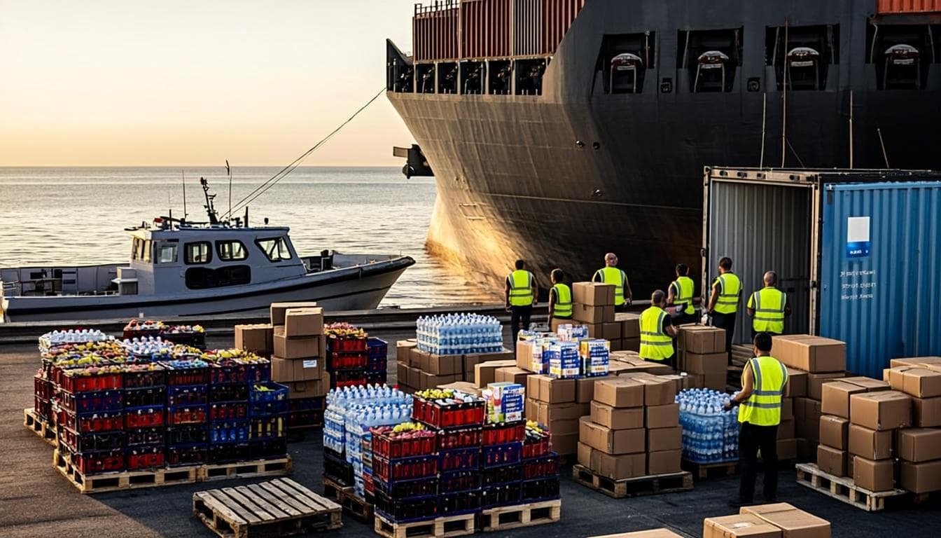 Fresh provisions and ship supplies being loaded onto a vessel at port