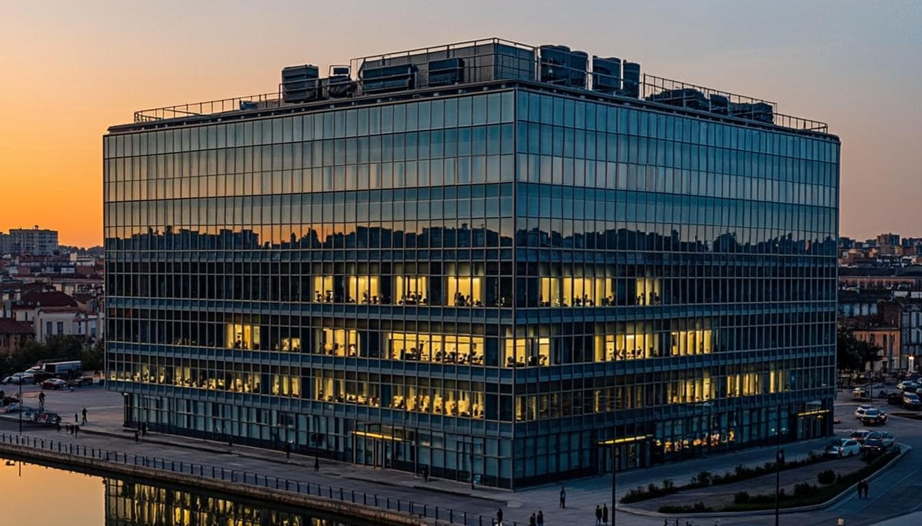 Modern commercial building with rooftop HVAC plant at dusk